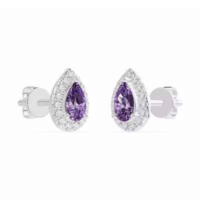 Pear Amethyst Lab Diamond Halo Earrings