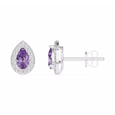 Pear Amethyst Lab Diamond Halo Earrings