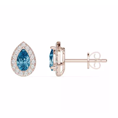 Pear Blue Topaz Lab Diamond Halo Earrings