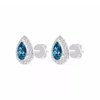 Pear Blue Topaz Lab Diamond Halo Earrings