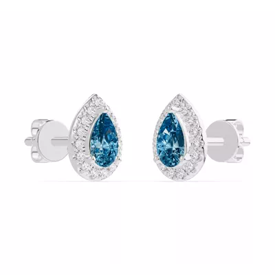 Pear Blue Topaz Lab Diamond Halo Earrings