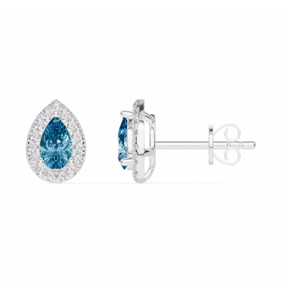 Pear Blue Topaz Lab Diamond Halo Earrings