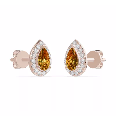 Pear Citrine Lab Diamond Halo Earrings