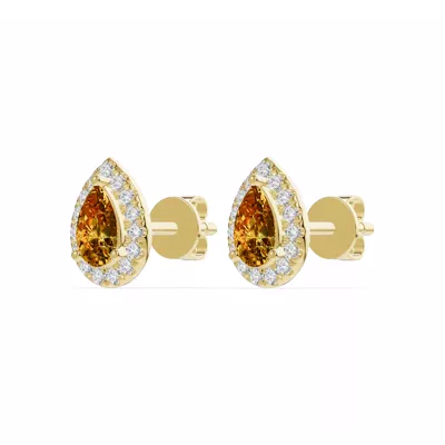 Pear Citrine Lab Diamond Halo Earrings