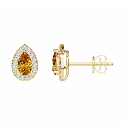 Pear Citrine Lab Diamond Halo Earrings