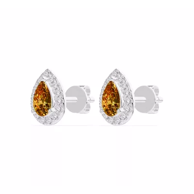 Pear Citrine Lab Diamond Halo Earrings