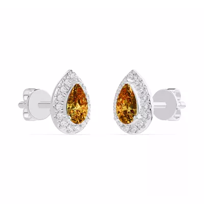 Pear Citrine Lab Diamond Halo Earrings