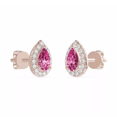 Pear Pink Tourmaline Lab Diamond Halo Earrings