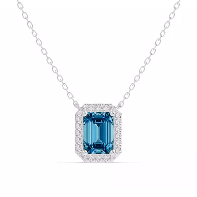 Emerald Blue Topaz Lab Diamond Halo Pendant