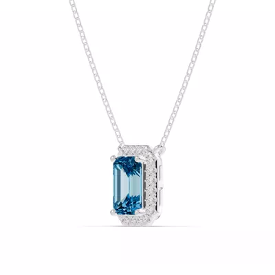 Emerald Blue Topaz Lab Diamond Halo Pendant