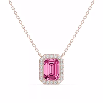 Emerald Pink Tourmaline Lab Diamond Halo Pendant