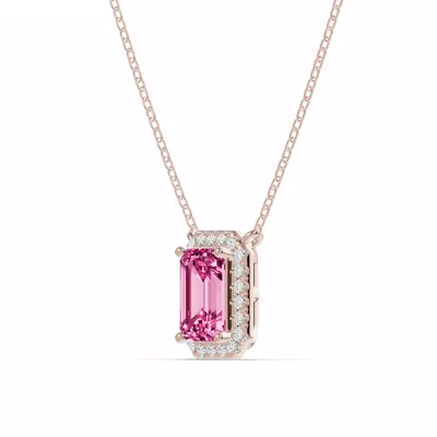 Emerald Pink Tourmaline Lab Diamond Halo Pendant