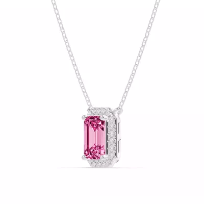 Emerald Pink Tourmaline Lab Diamond Halo Pendant