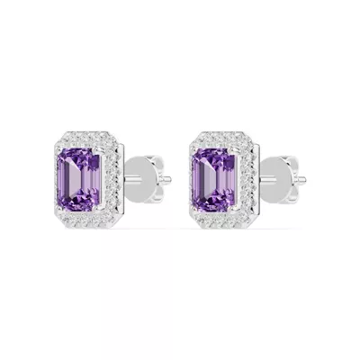 Emerald Amethyst Lab Diamond Halo Earrings