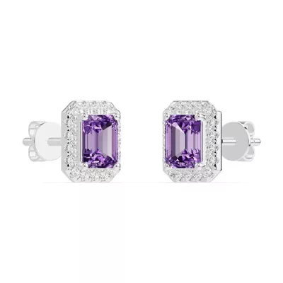 Emerald Amethyst Lab Diamond Halo Earrings