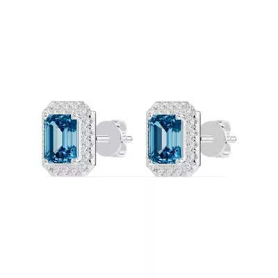 Emerald Blue Topaz Lab Diamond Halo Earrings