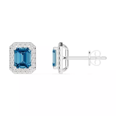 Emerald Blue Topaz Lab Diamond Halo Earrings