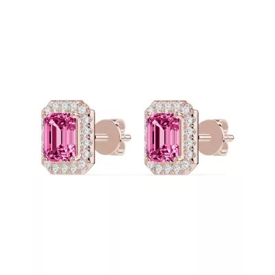 Emerald Pink Tourmaline Lab Diamond Halo Earrings