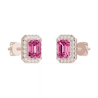 Emerald Pink Tourmaline Lab Diamond Halo Earrings