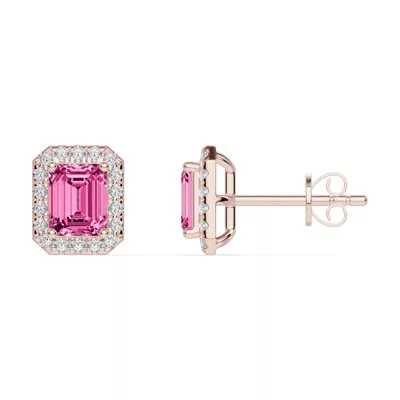 Emerald Pink Tourmaline Lab Diamond Halo Earrings