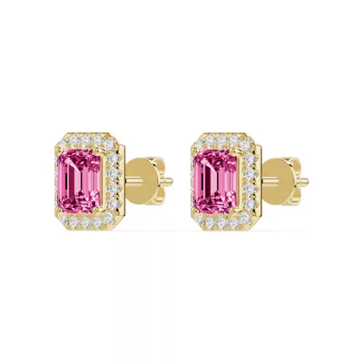 Emerald Pink Tourmaline Lab Diamond Halo Earrings