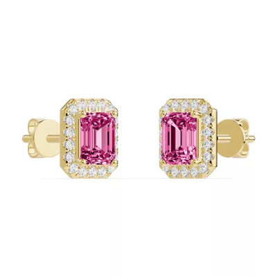 Emerald Pink Tourmaline Lab Diamond Halo Earrings