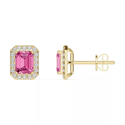 Emerald Pink Tourmaline Lab Diamond Halo Earrings
