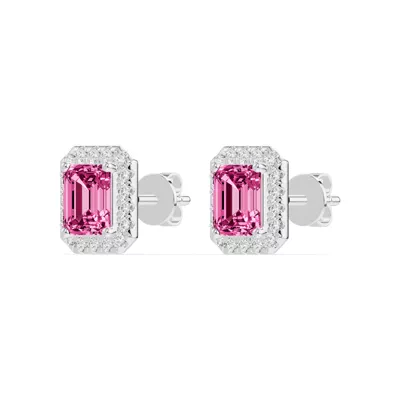 Emerald Pink Tourmaline Lab Diamond Halo Earrings