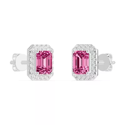 Emerald Pink Tourmaline Lab Diamond Halo Earrings