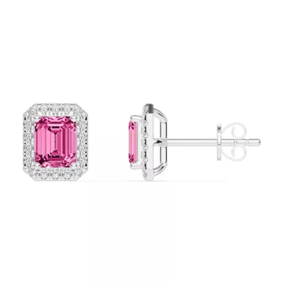 Emerald Pink Tourmaline Lab Diamond Halo Earrings
