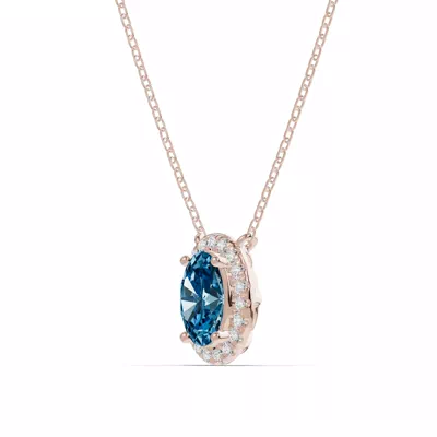 Oval Blue Topaz Lab Diamond Halo Pendant