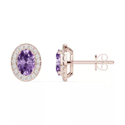 Oval Amethyst Lab Diamond Halo Earrings