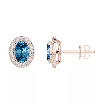 Oval Blue Topaz Lab Diamond Halo Earrings