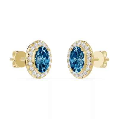 Oval Blue Topaz Lab Diamond Halo Earrings