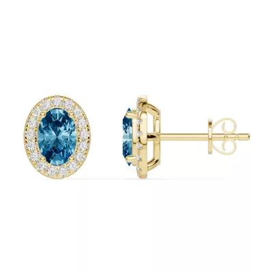 Oval Blue Topaz Lab Diamond Halo Earrings