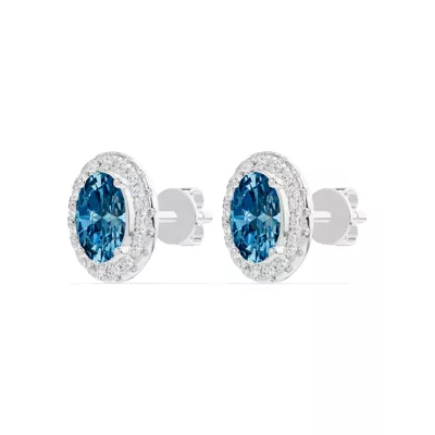 Oval Blue Topaz Lab Diamond Halo Earrings