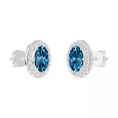 Oval Blue Topaz Lab Diamond Halo Earrings