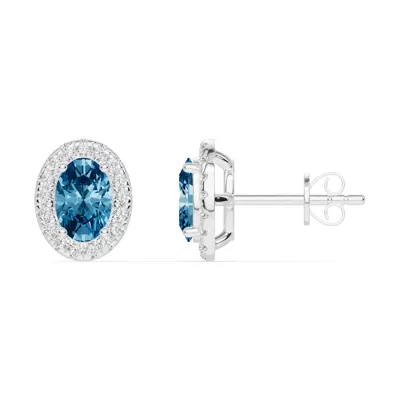Oval Blue Topaz Lab Diamond Halo Earrings