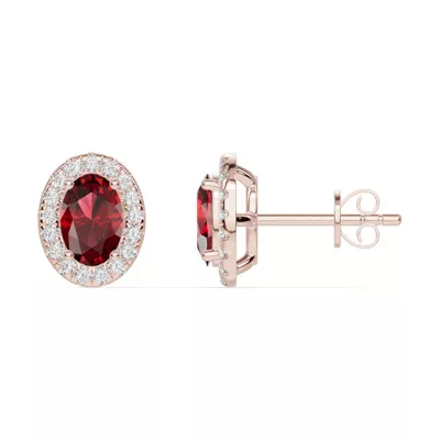 Oval Garnet Lab Diamond Halo Earrings