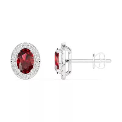 Oval Garnet Lab Diamond Halo Earrings