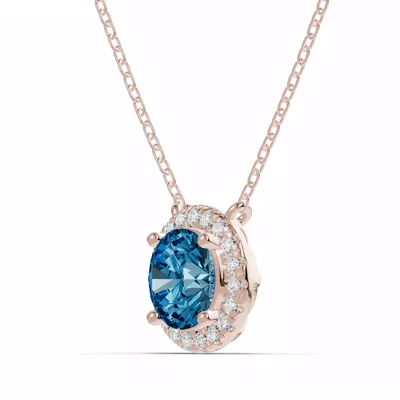 Round Blue Topaz Lab Diamond Halo Pendant