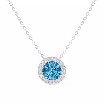 Round Blue Topaz Lab Diamond Halo Pendant