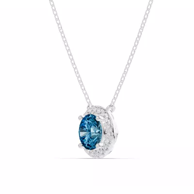 Round Blue Topaz Lab Diamond Halo Pendant