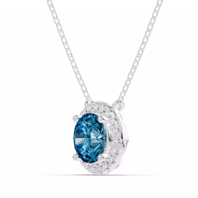 Round Blue Topaz Lab Diamond Halo Pendant