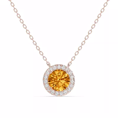 Round Citrine Lab Diamond Halo Pendant