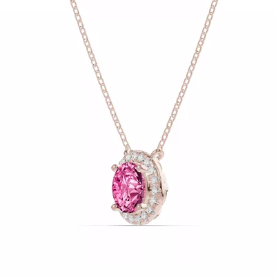 Round Pink Tourmaline Lab Diamond Halo Pendant