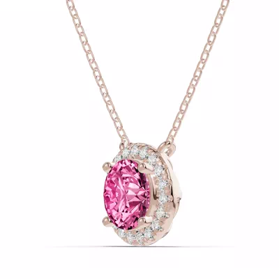 Round Pink Tourmaline Lab Diamond Halo Pendant