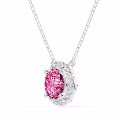 Round Pink Tourmaline Lab Diamond Halo Pendant