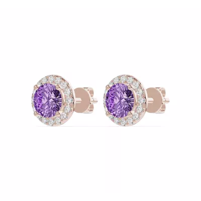 Round Amethyst Lab Diamond Halo Earrings