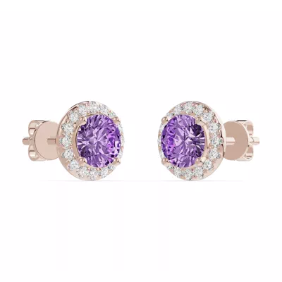 Round Amethyst Lab Diamond Halo Earrings